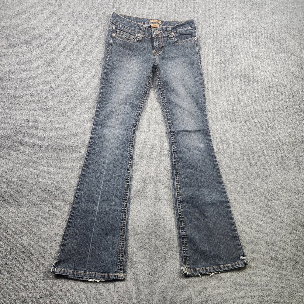 Spacegirlz Womens Flare Jeans Dark Wash Low Rise Wing Embroidery Size 3